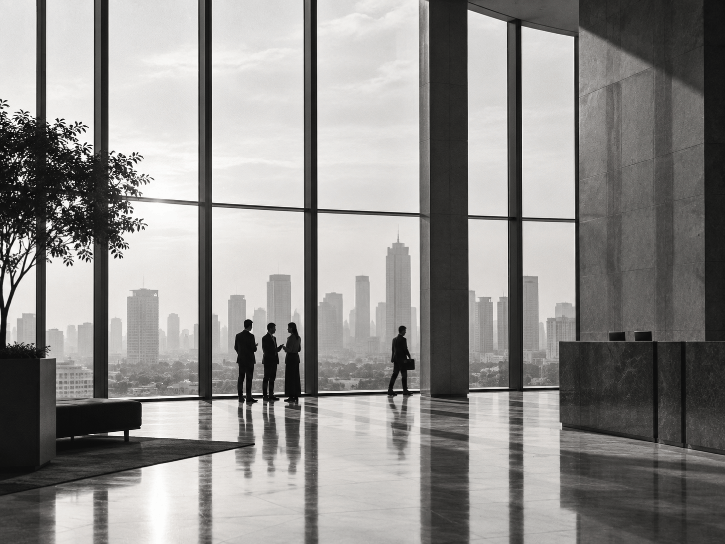 Modern office interior with a team collaborating in silhouette