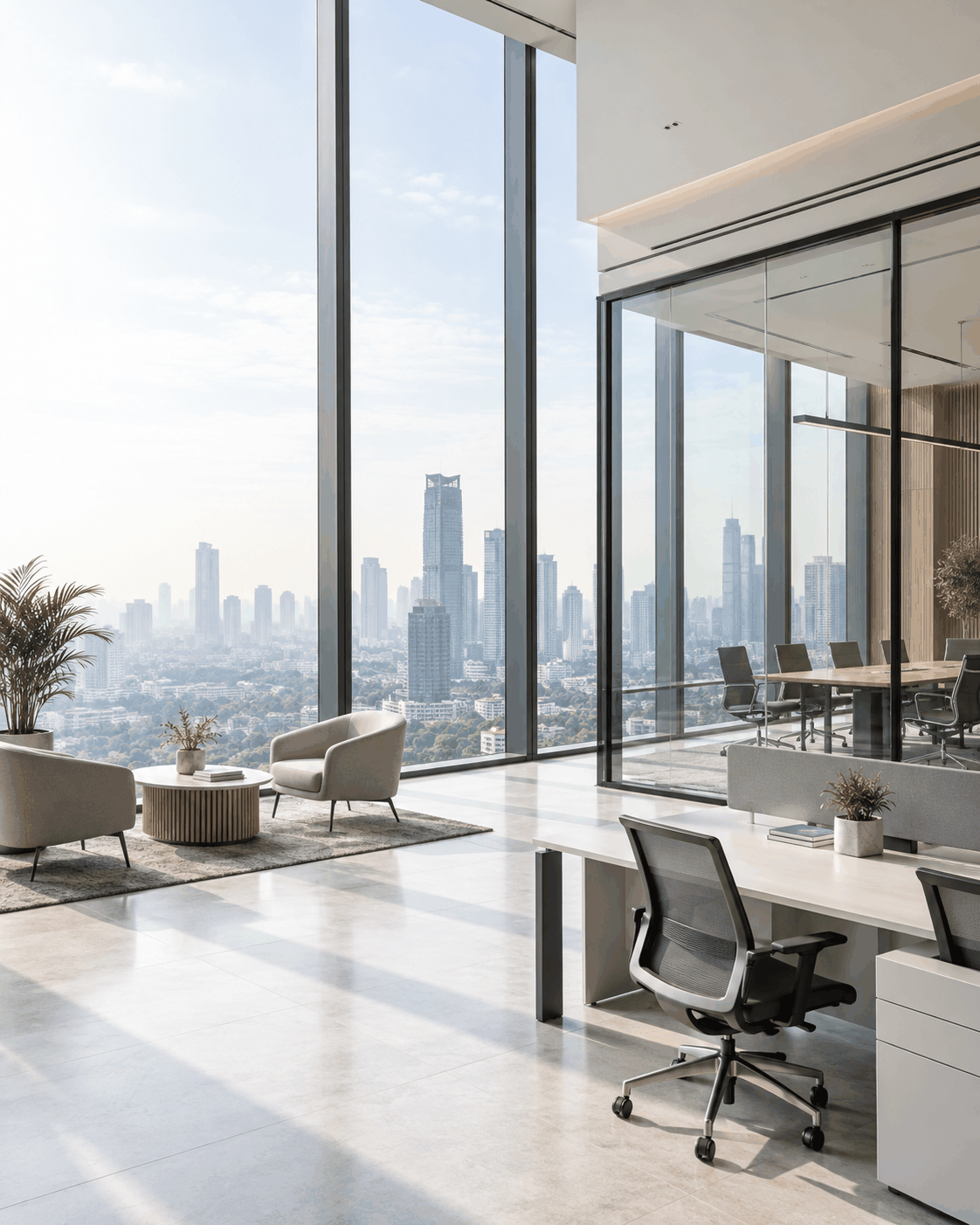 Modern office interior overlooking Jakarta